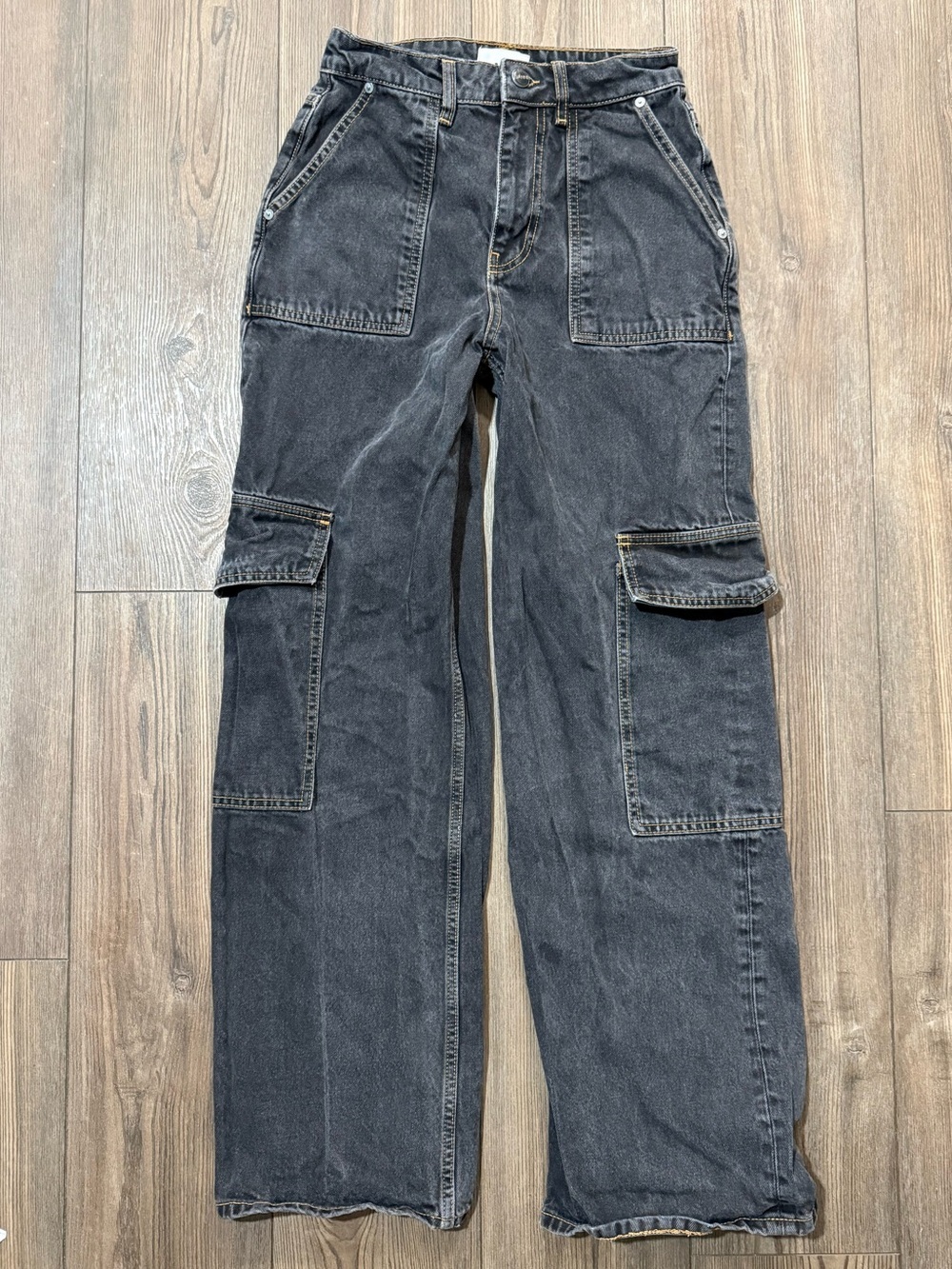 GANNI Washed Black Cargo Jeans Wide Leg Organic Cotton Womens Size 24 - Picture 4 of 9